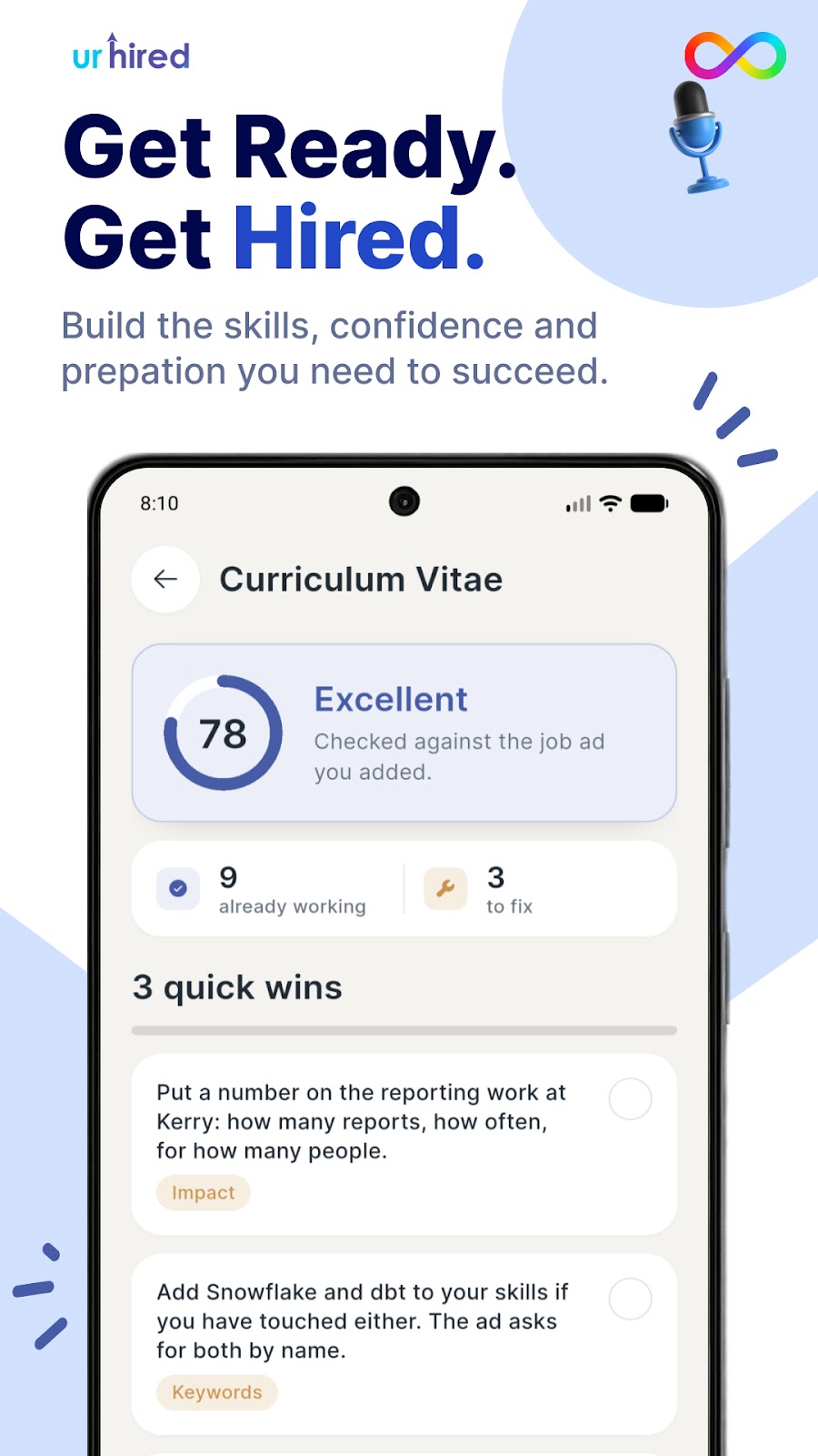 Tessa Curriculum Vitae screen showing a score of 78, Excellent, checked against the job ad, with 9 things already working, 3 to fix and a list of quick wins.