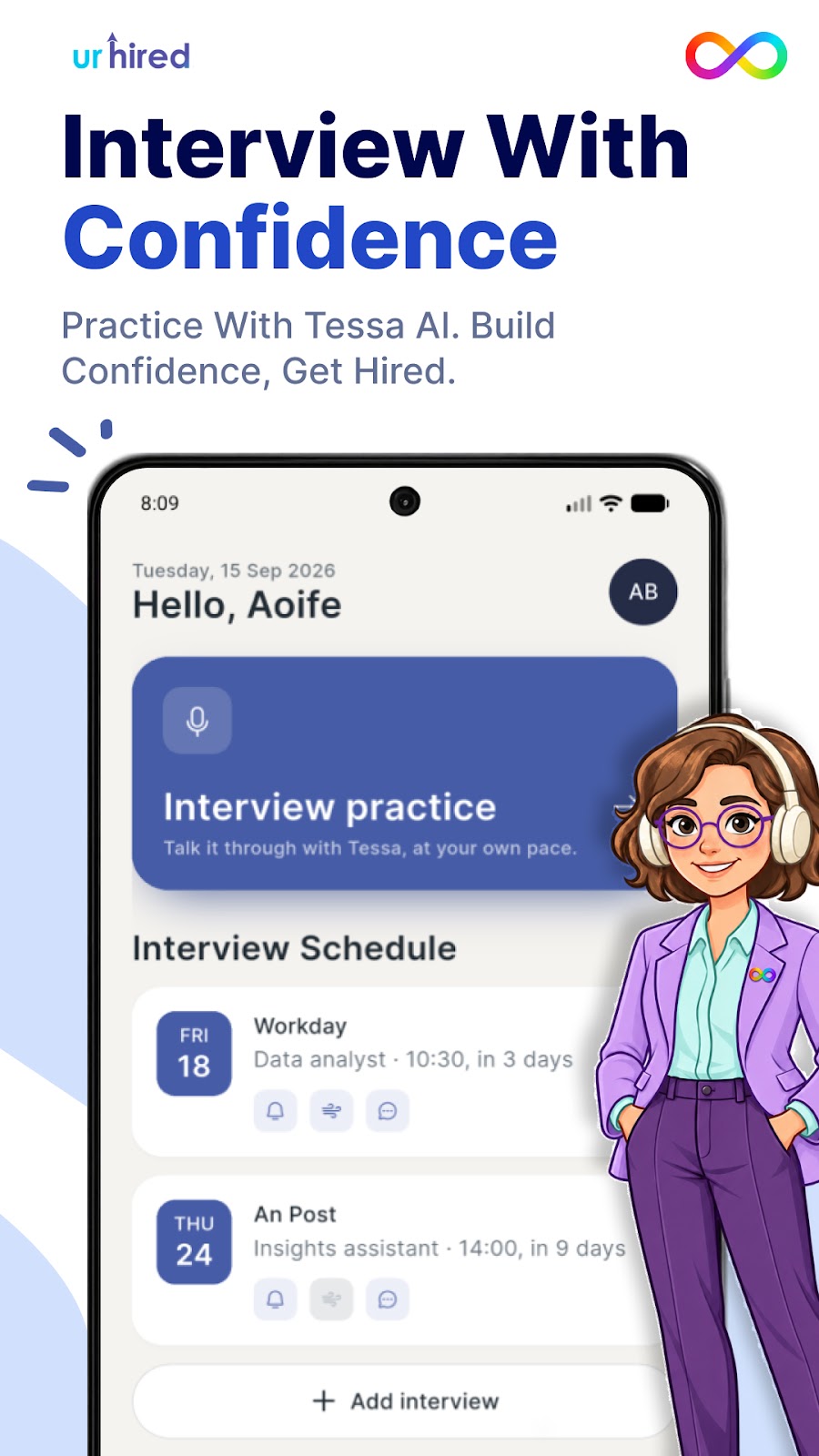 Tessa app home screen showing an Interview practice button and an upcoming interview schedule.