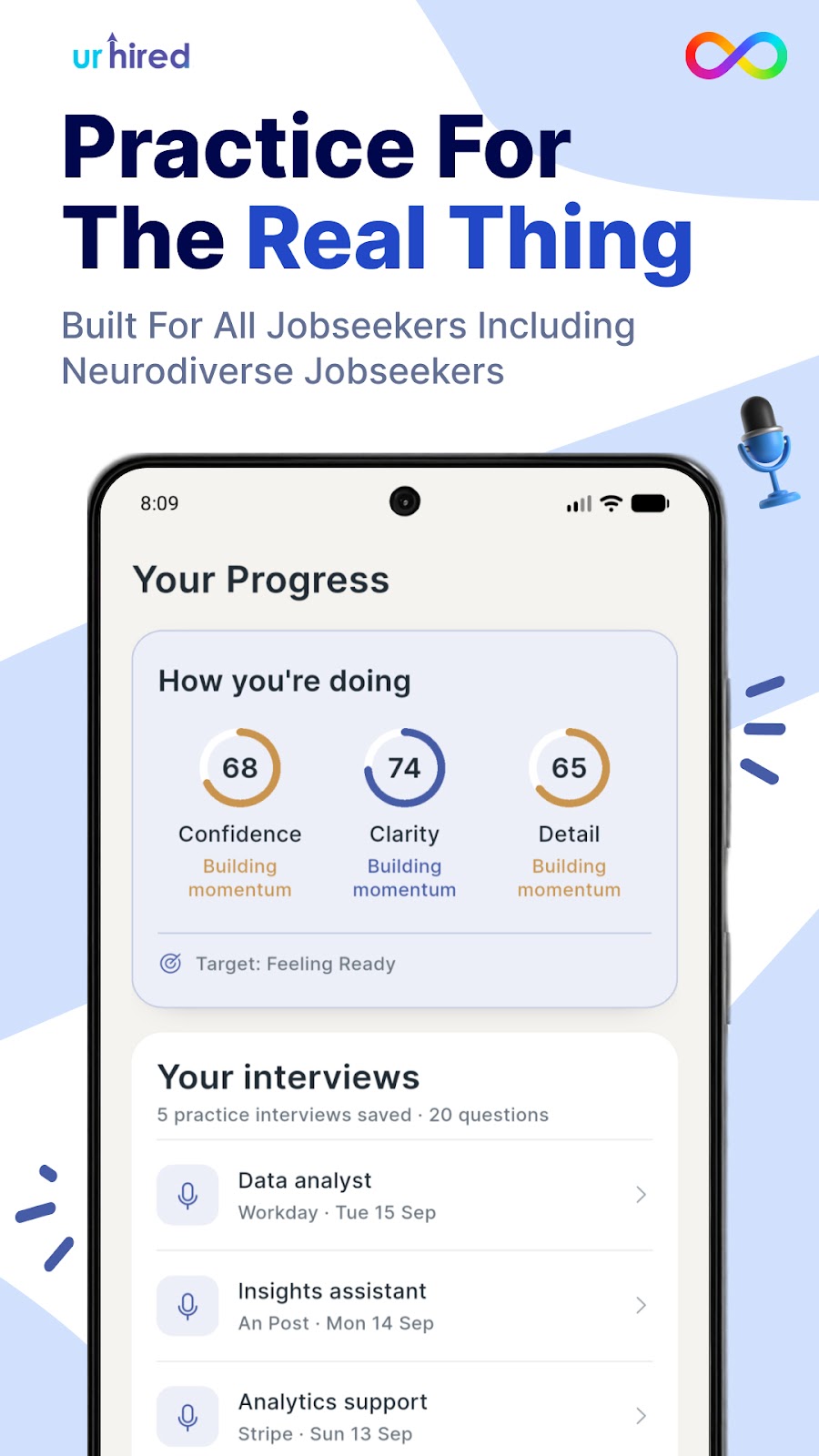 Tessa progress screen showing confidence, clarity and detail scores and a list of saved practice interviews.